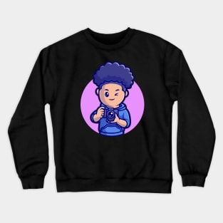 Cute Boy Photographer Holding Camera Cartoon Crewneck Sweatshirt